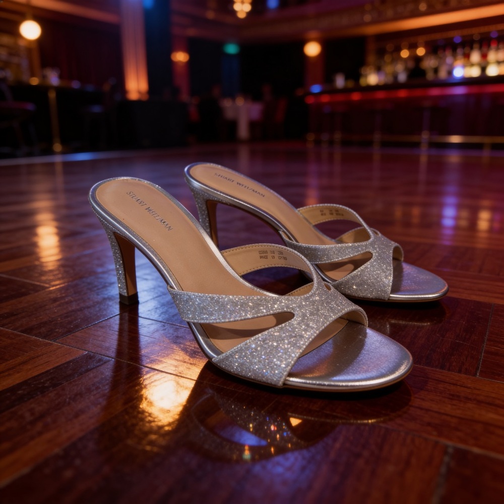 Stuart Weitzman Silver Glitter Slide Heels 10